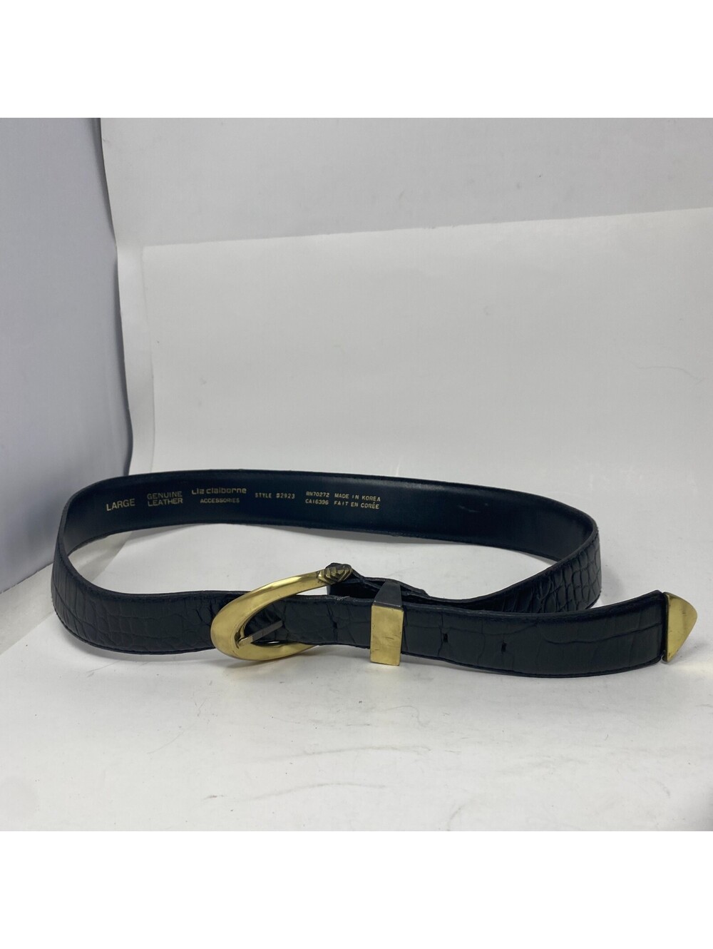 Liz Claiborne Vintage Black Leather Belt Womens Large Croc Embossed Brass Buckle
